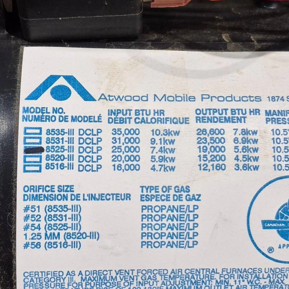 25,000 BTU Used Atwood / Hydro Flame RV Propane Furnace - 8525-III-DCLP - Image 3