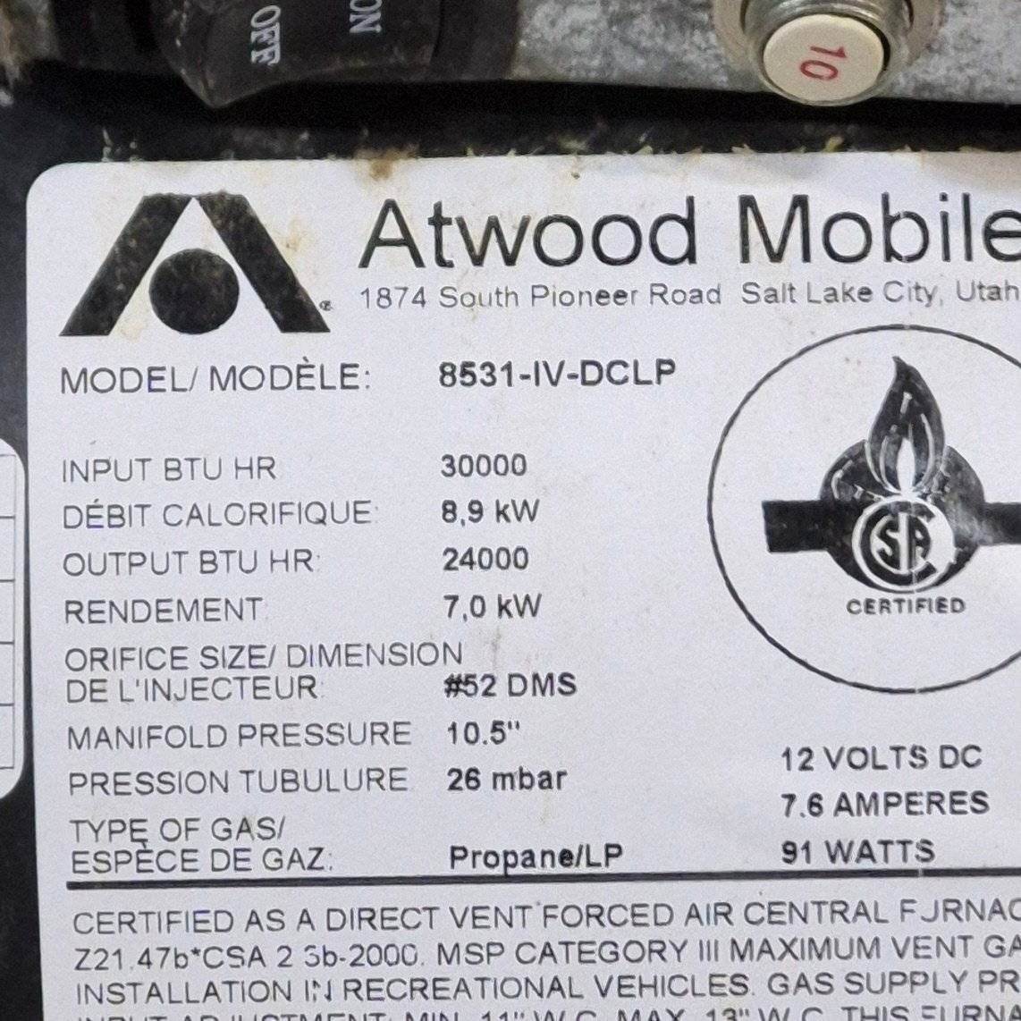 30,000 BTU Used Atwood/ Hydroflame RV Propane Furnace - 8531-IV-DCLP - Image 3