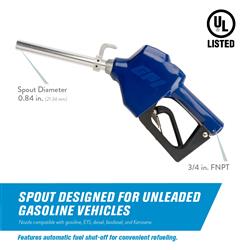 Liquid Transfer Tank Pump Nozzle GPI 110121-8 Liquid Transfer Tank Pump, Automatic Nozzle, For Use With Unleaded Fuel Only, Can Be Used With GPI M-150S/ M-180S/ M-240S/ And M-1115S Series Part Numbers, Without Swivel, Straight Spout, Without Splash Guard,