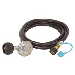 Propane Regulator Flame King 106095-96 90 Degree Low Pressure Regulator; Outlet Pressure Of 11" WC (Water Column); 65000 BTU Per Hour; With Type 1 Tank Connection/ 96" x 3/8" Female Quick Connect Hose; UL144/ UL569 Approved; Female Quick Disconnect Outlet