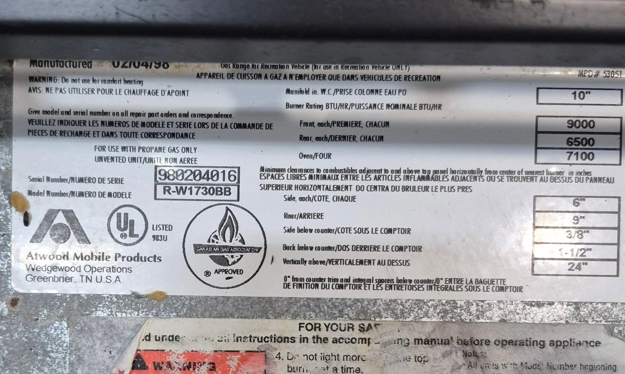 Used Atwood / Wedgewood Range Stove 3-Burner, 16 5/8 ” H - R-W1730BB - Image 6