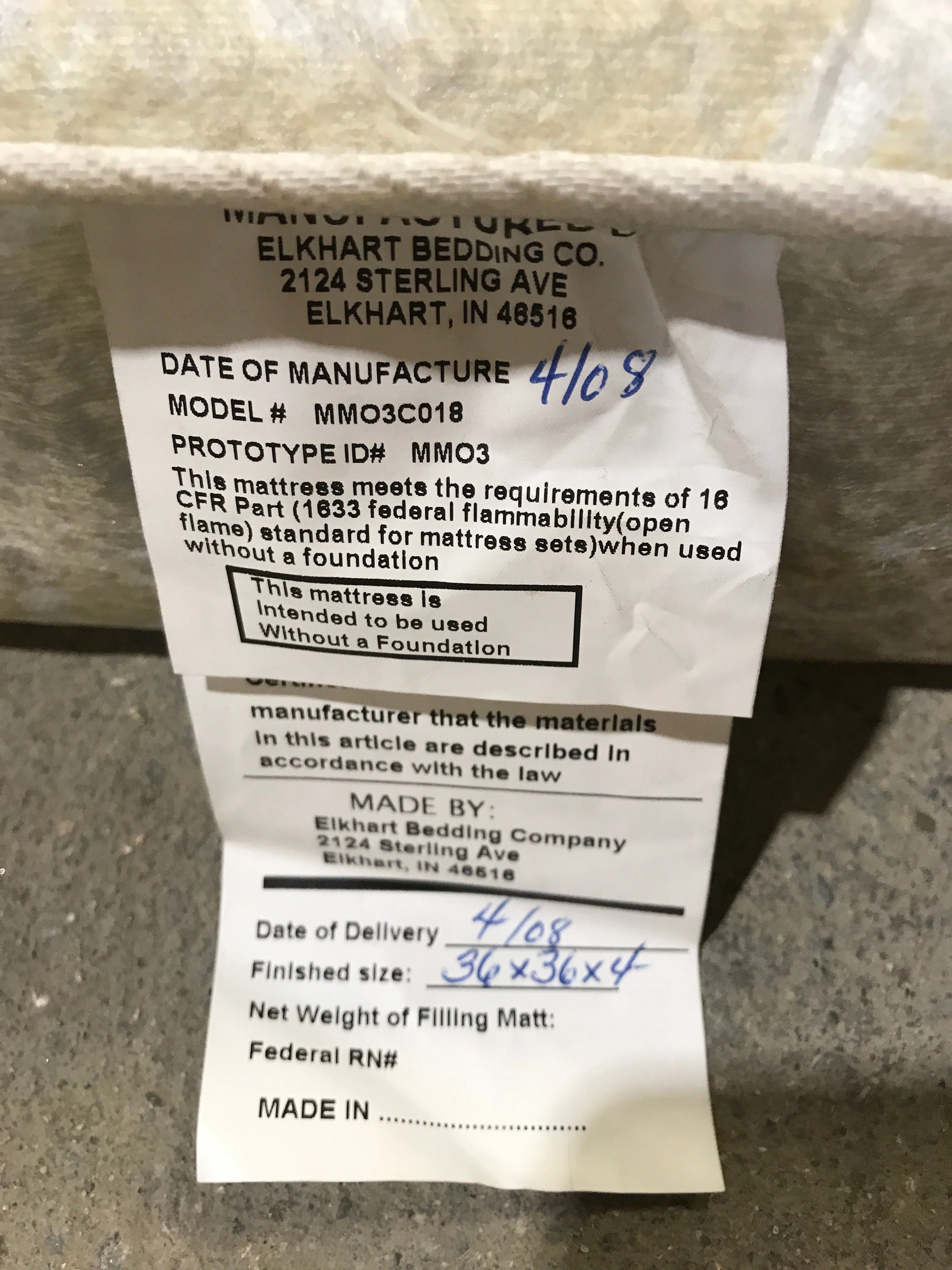Used Bunk Mattress 36" x 36" x 4" D - Image 3