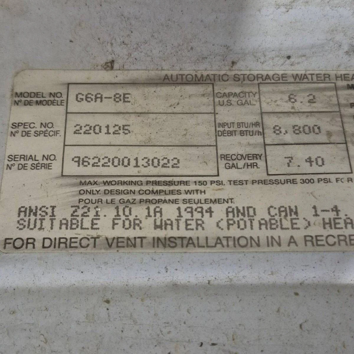 Used Complete Atwood Hot Water Heater, 6 Gal. - G6A-8E - Image 3
