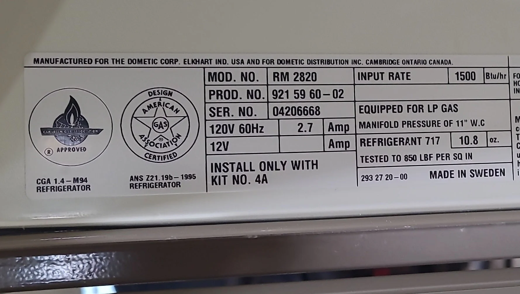 Used Complete Dometic Fridge, 2-Way - RM2820 - Image 8