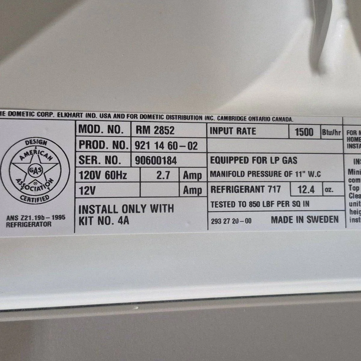 Used Complete Dometic Fridge, 2-Way - RM2852 - Image 8