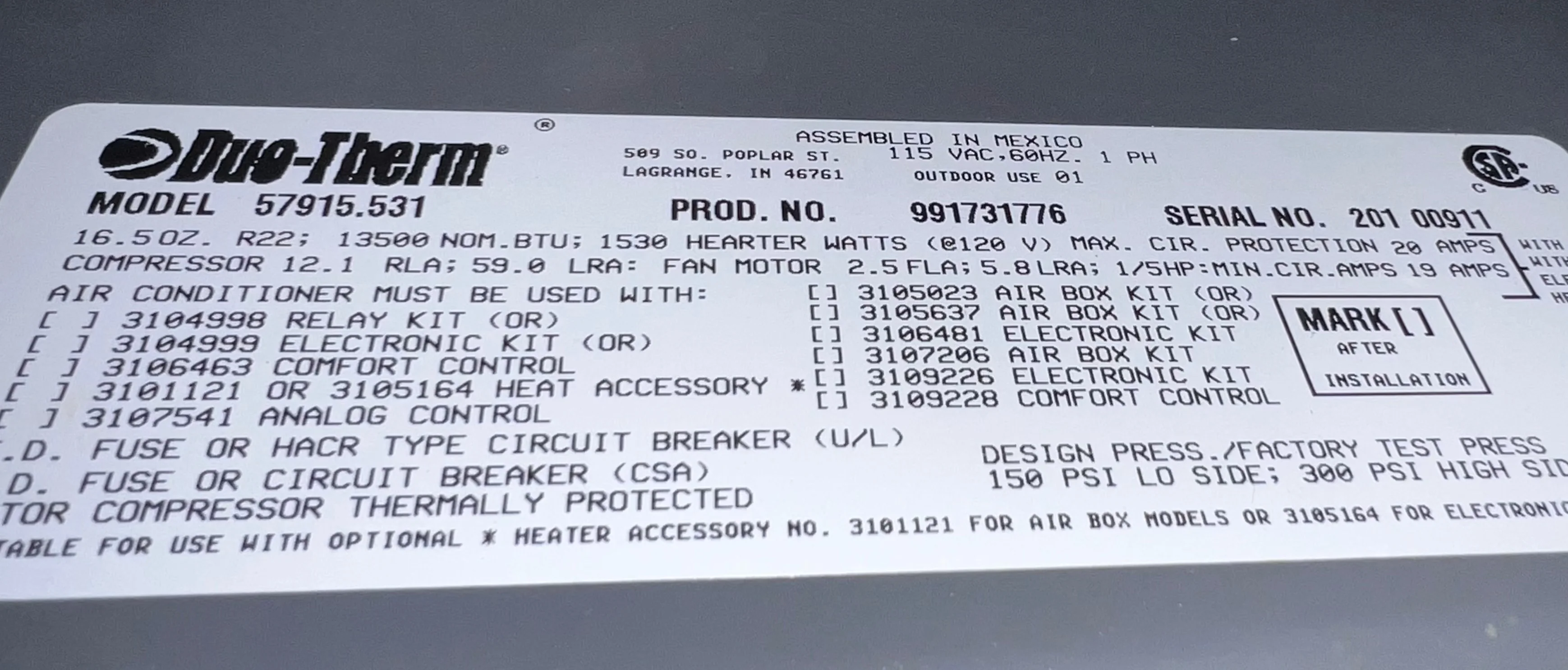 Used Complete Duo-Therm Air Conditioner, Complete, 13000 BTU, Cool Only - 57915.531 - Image 6