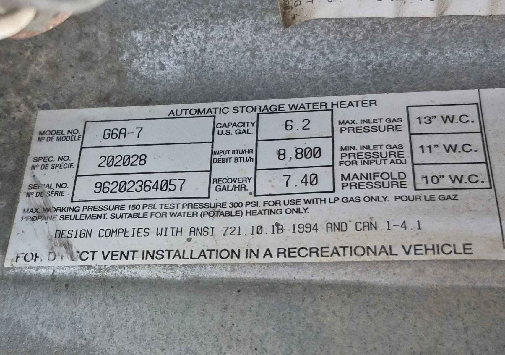 Used Complete Atwood Hot Water Heater, 6 Gallon - G6A-8E - Image 3