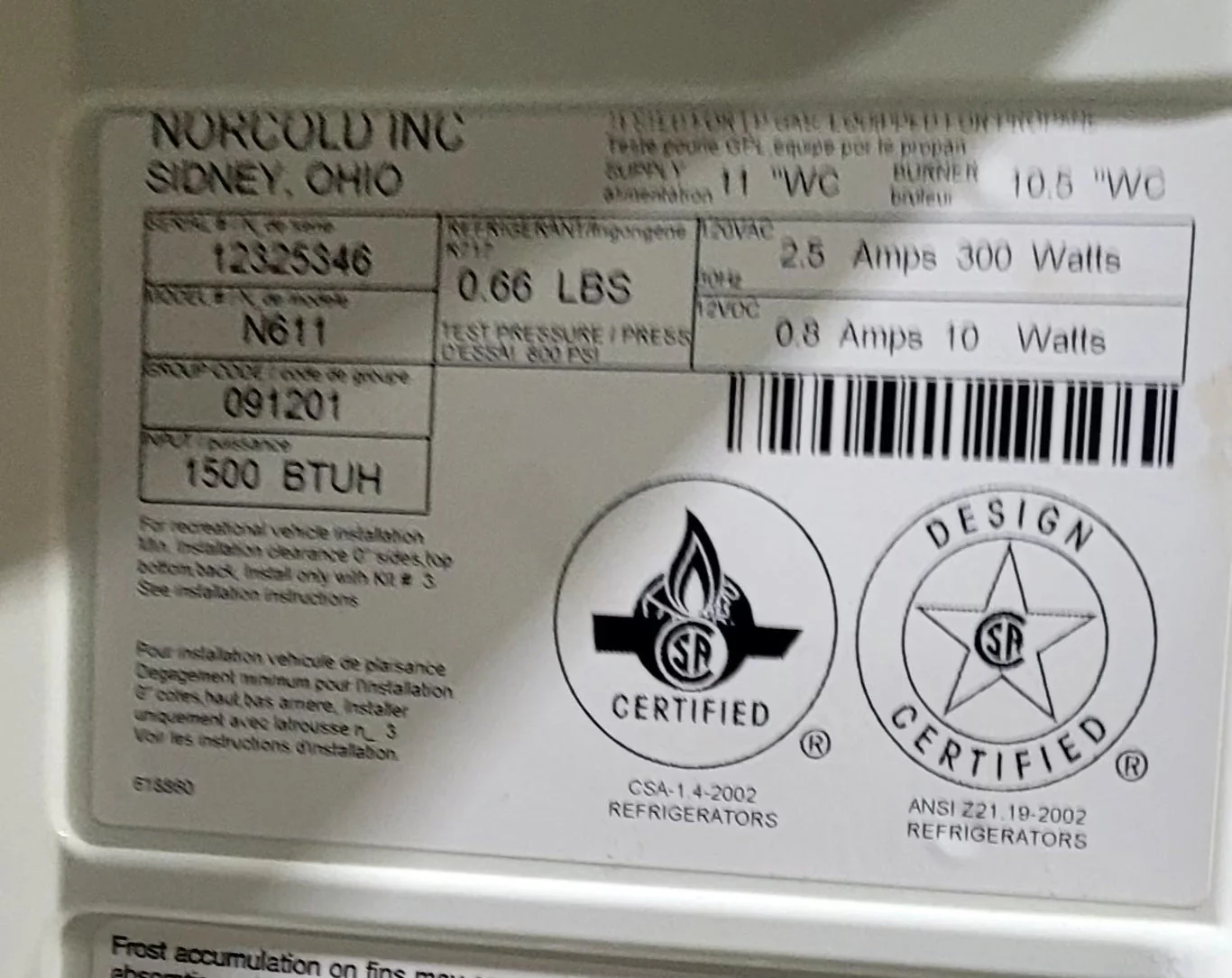 Used Complete Norcold Fridge, 2-Way - N611 - Image 8