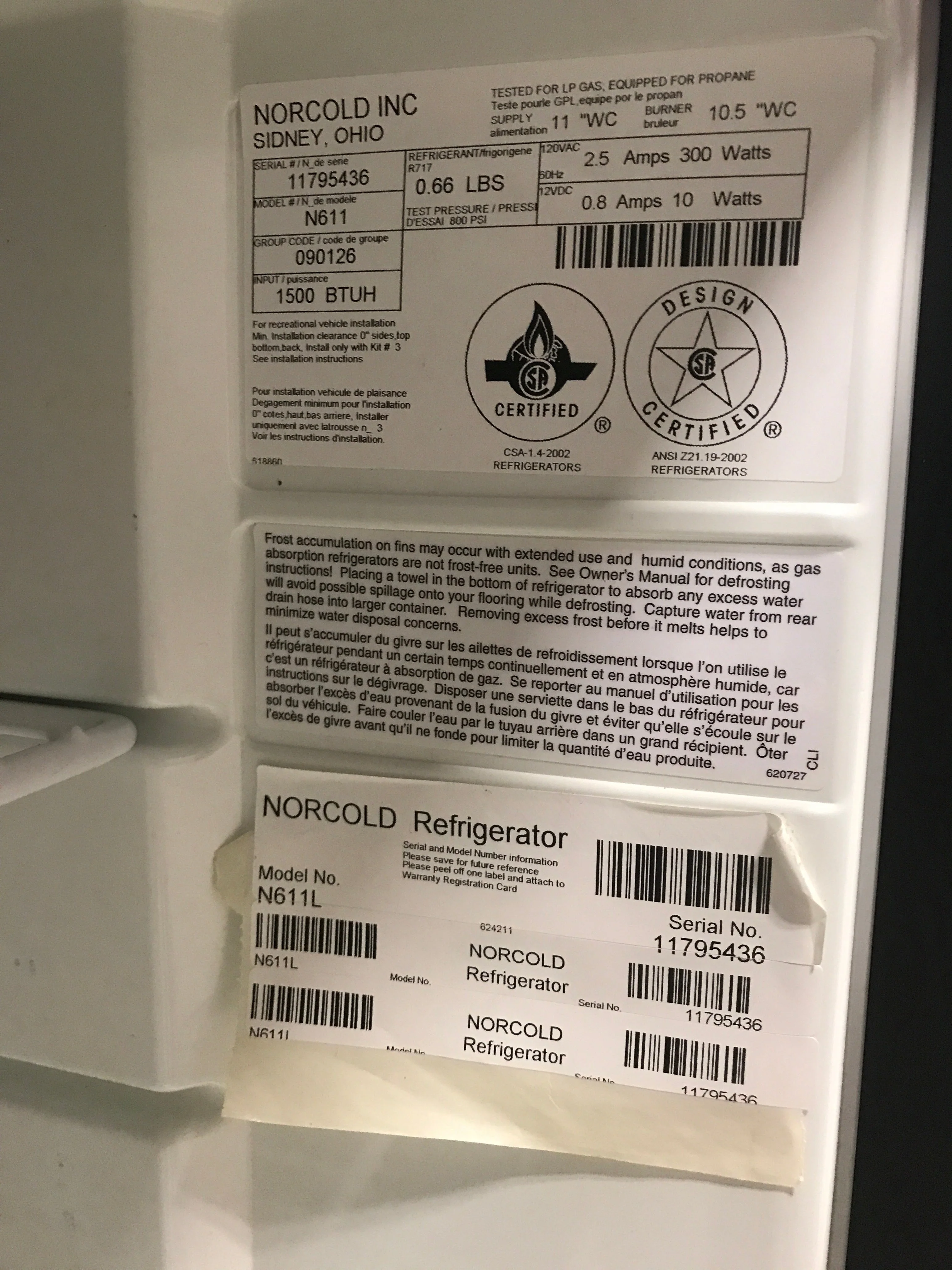 Used Complete Norcold Fridge, 2-Way - N611L - Image 11