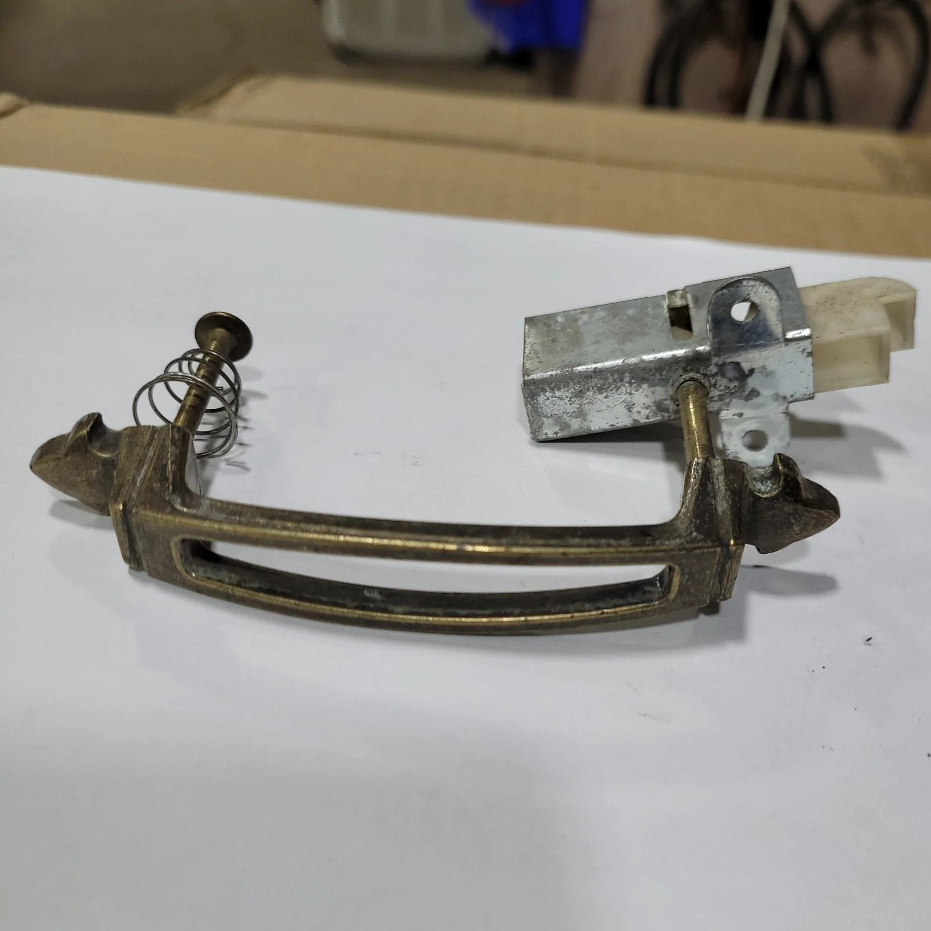Used Copper Cabinet Handle 3" Hole Spacing comes with attached latch w/ 1" hole spacing - Image 2