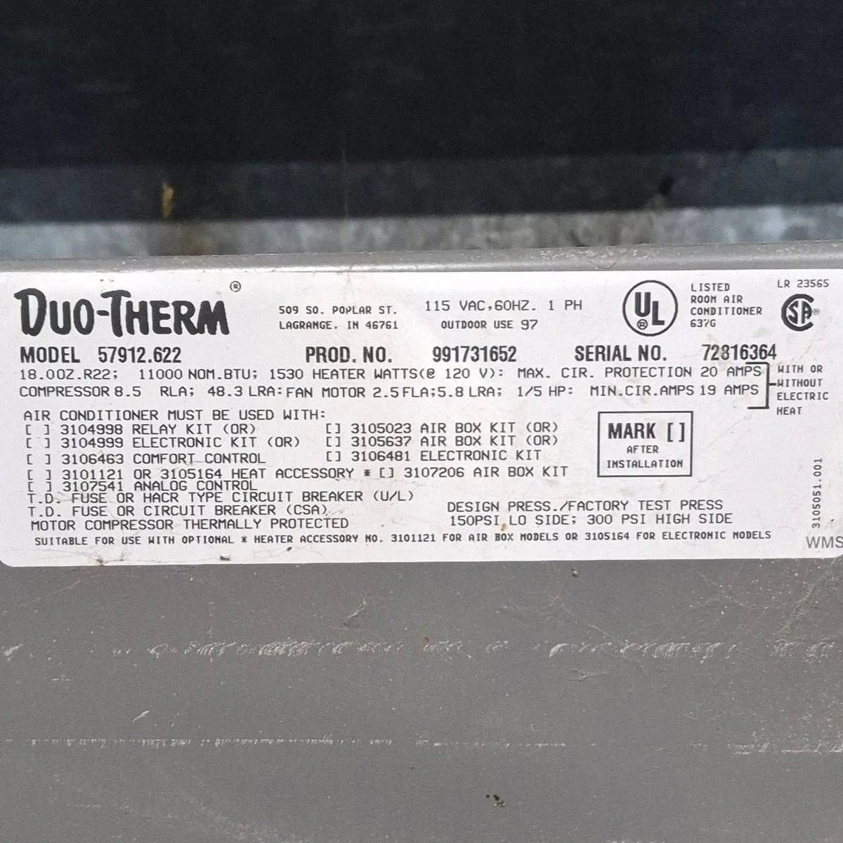 Used Duo-Therm Air Conditioner, Head Unit, 11000 BTU, Cool Only - 57912.622 - Image 8