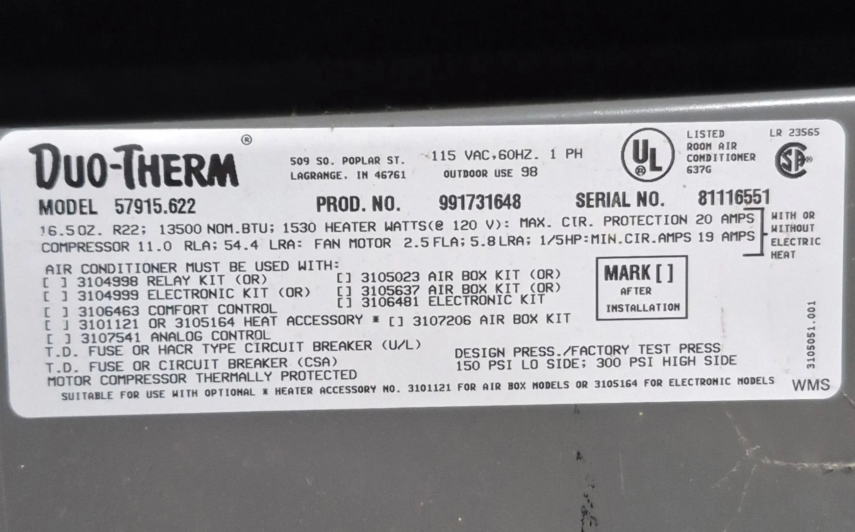 Used Duo-Therm Air conditioner, Head Unit, 13500 BTU, Cool Only - 57915.622 - Image 7