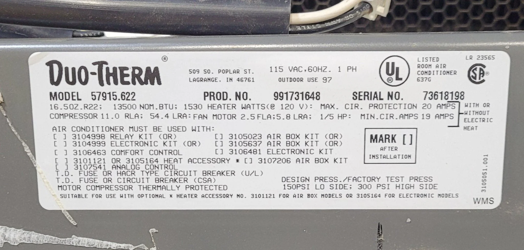 Used Duo-Therm Air Conditioner, Head Unit, 13500 BTU, Cool Only - 57915.622 - Image 9