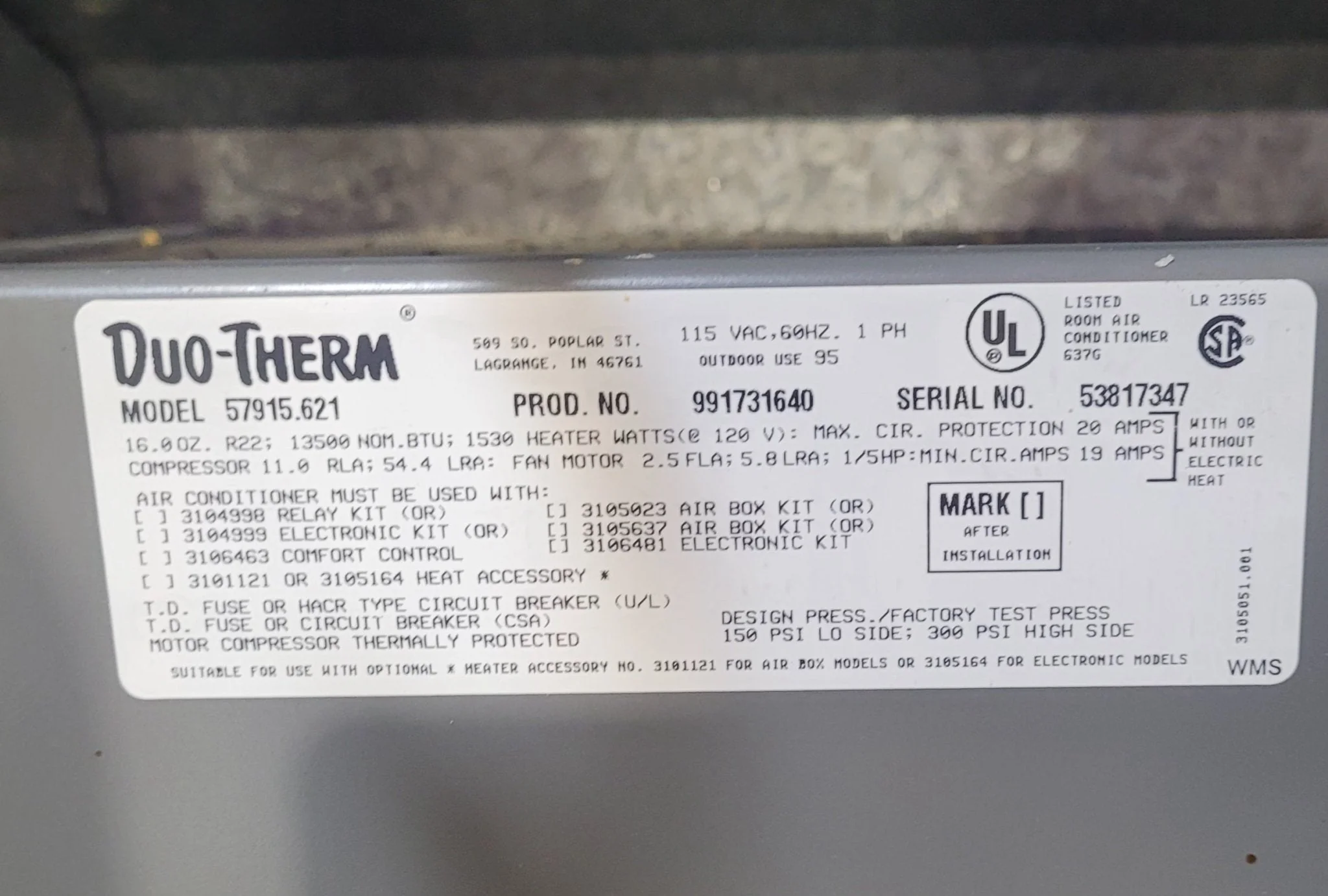 Used Duo-Therm Air Conditioner, Head Unit, 13500 BTU, Cool Only - 57915.621 - Image 8