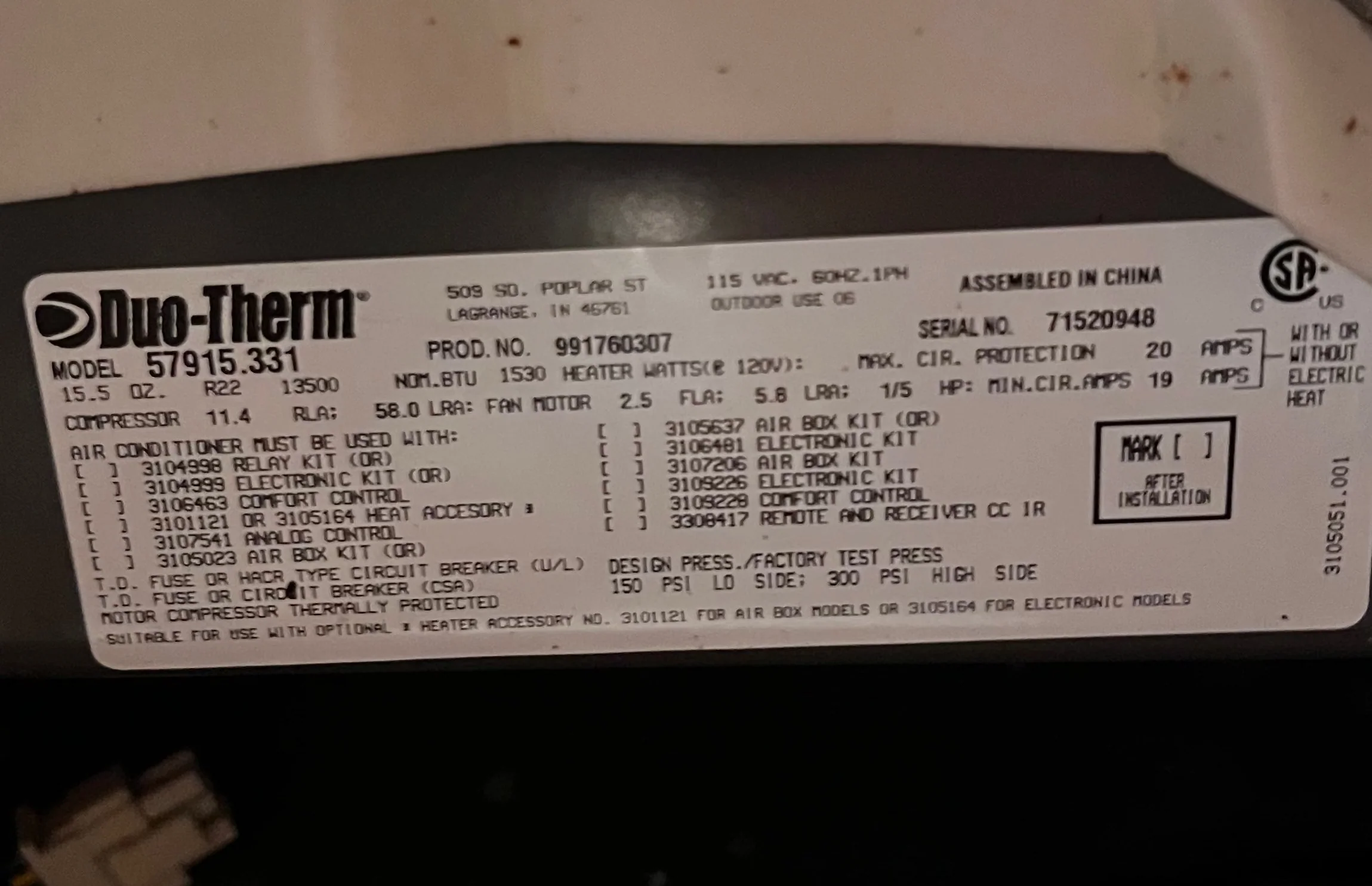 Used Duo-Therm Air Conditioner, Head Unit, 13500BTU, Cool Only - 57915.331 - Image 8