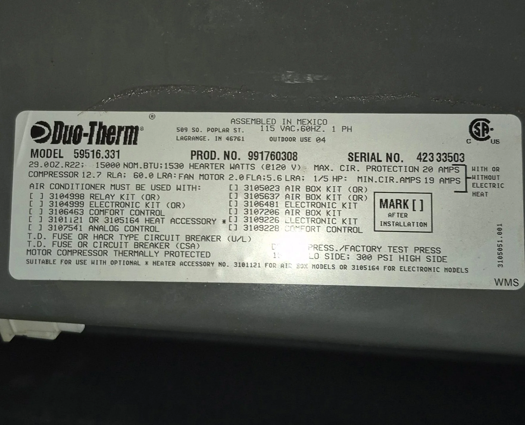 Used Duo-Therm Air Conditioner, Head Unit, 15000 BTU, Cool Only - 59516.331 - Image 7