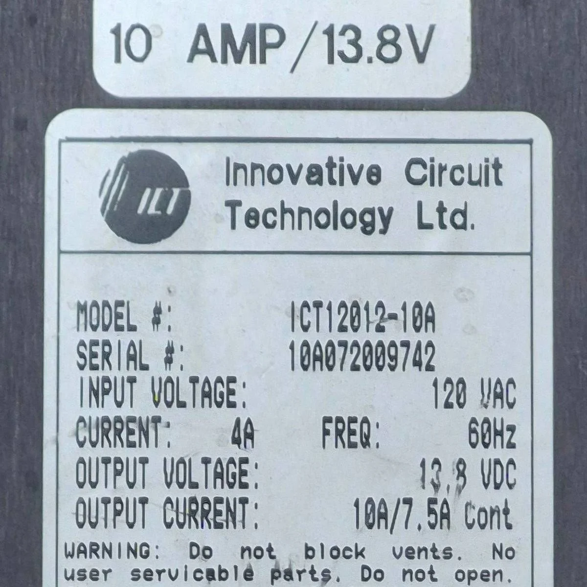 Used Innovative Circuit Technology Power Supply, 120 VAC - ICT12012-10A - Image 4