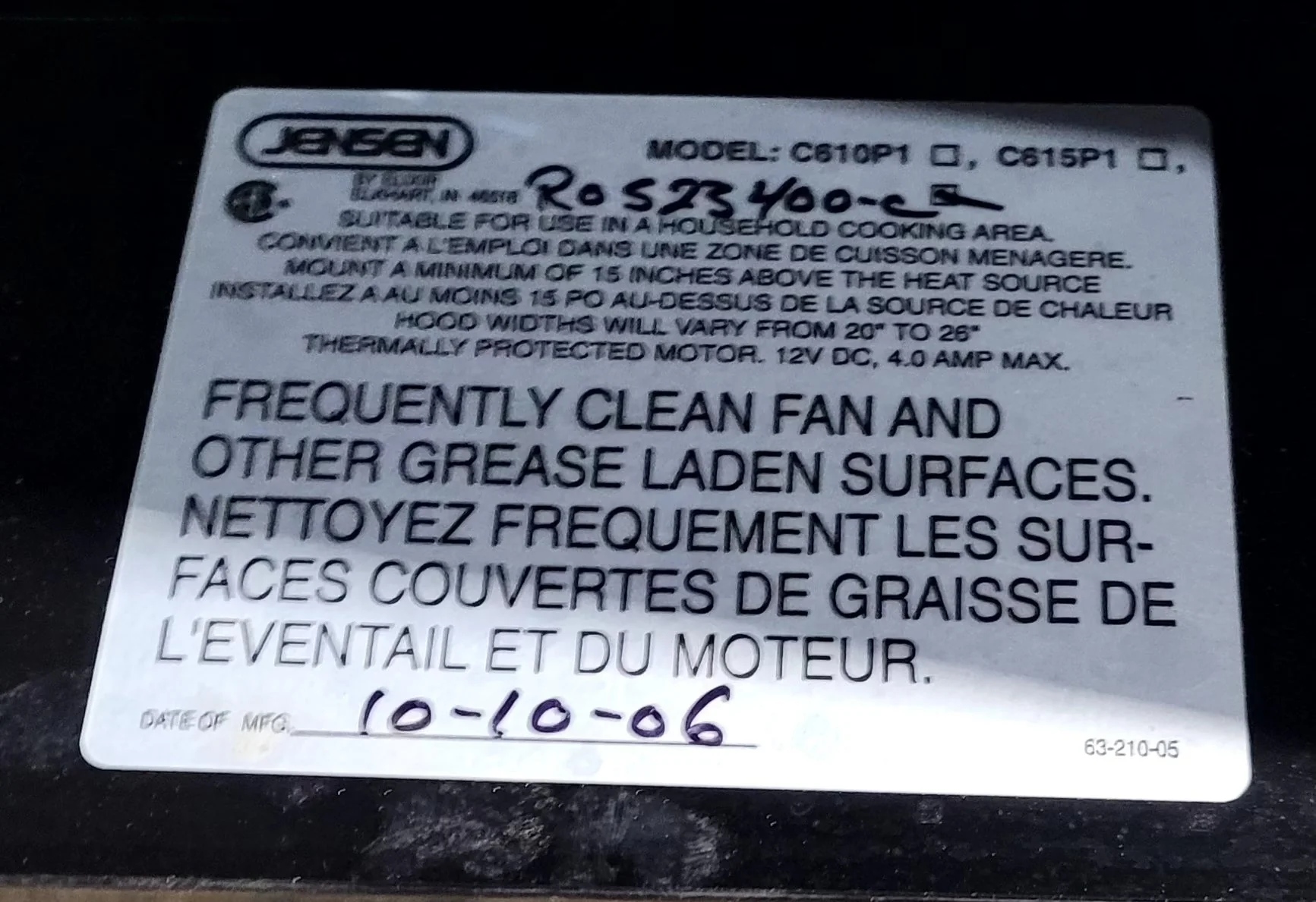 Used Jensen RV Range Hood Fan - R023400-C - Image 7