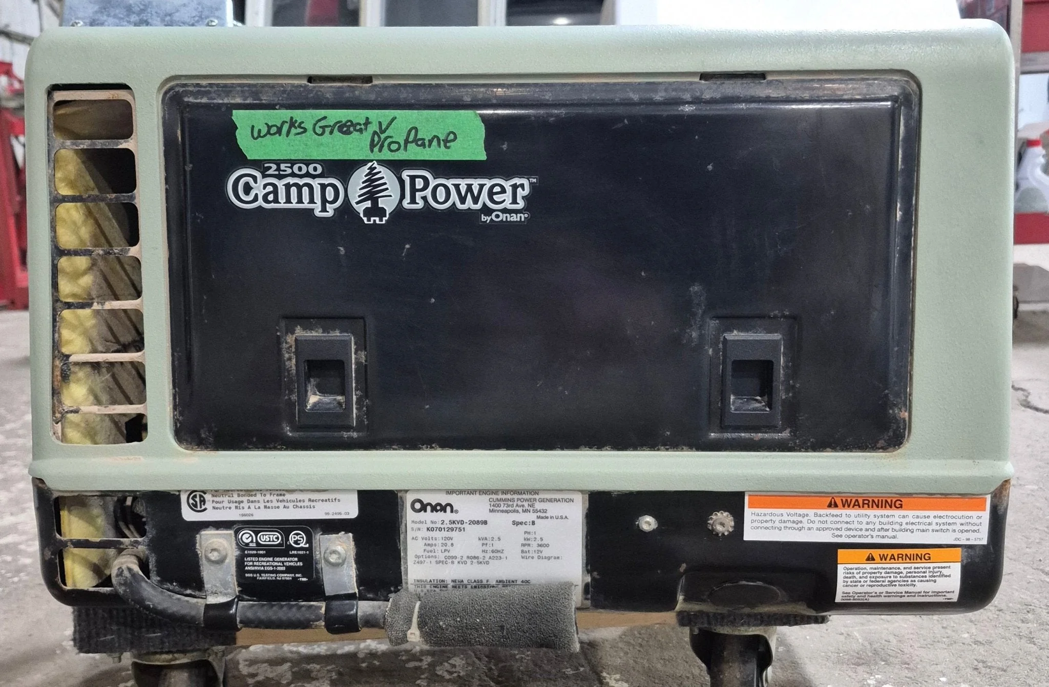 Used Onan 2500 Camp Power Onboard Generator - 2.5KVD-2089B