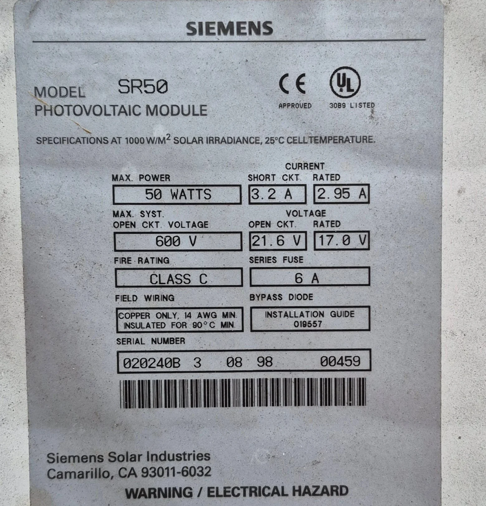 Used SIEMENS Solar Panel 50 WATT - Model SR50 - Image 3