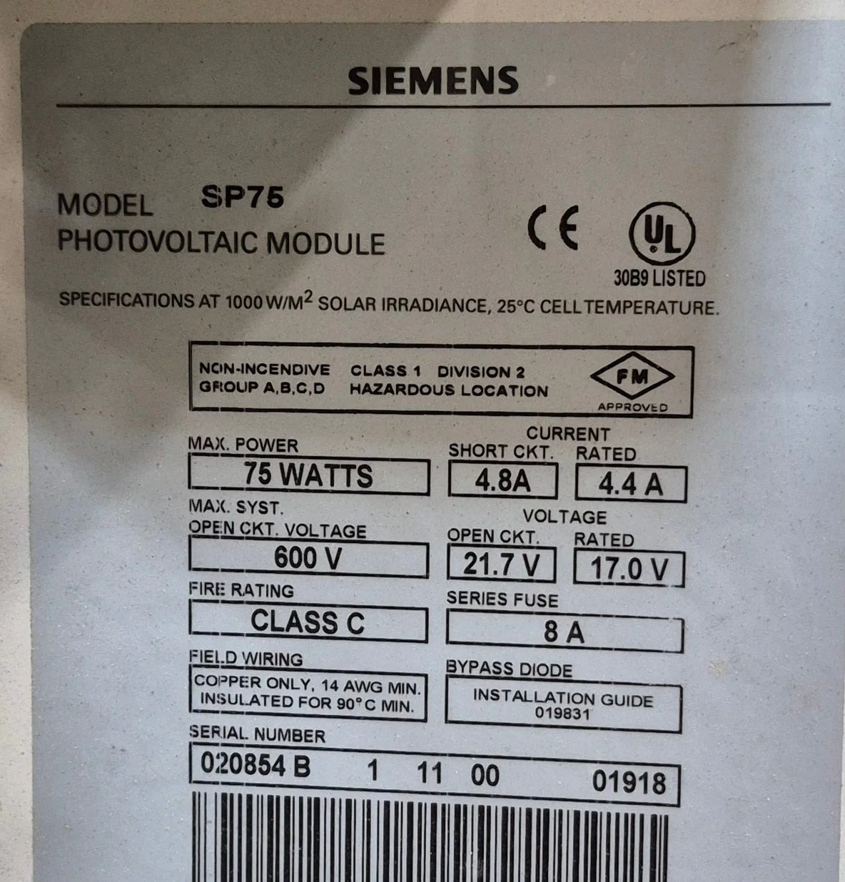 Used SIEMENS Solar Panel 75 WATT - Model SP75 - Image 3