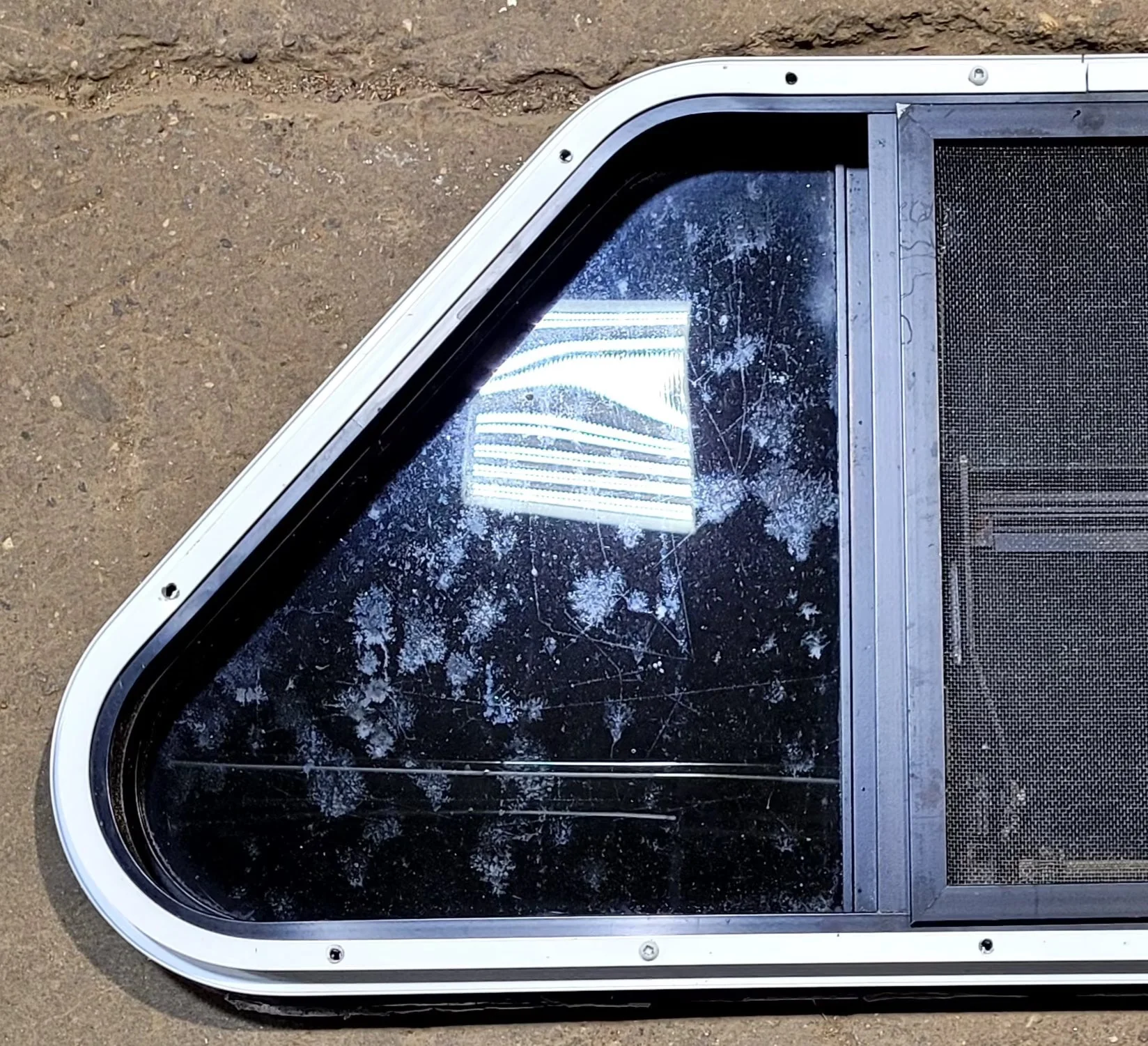 Used Slanted Black Radius Opening Window : 35 1/2" W x 14 3/4" H x 1 1/8" D - Image 6
