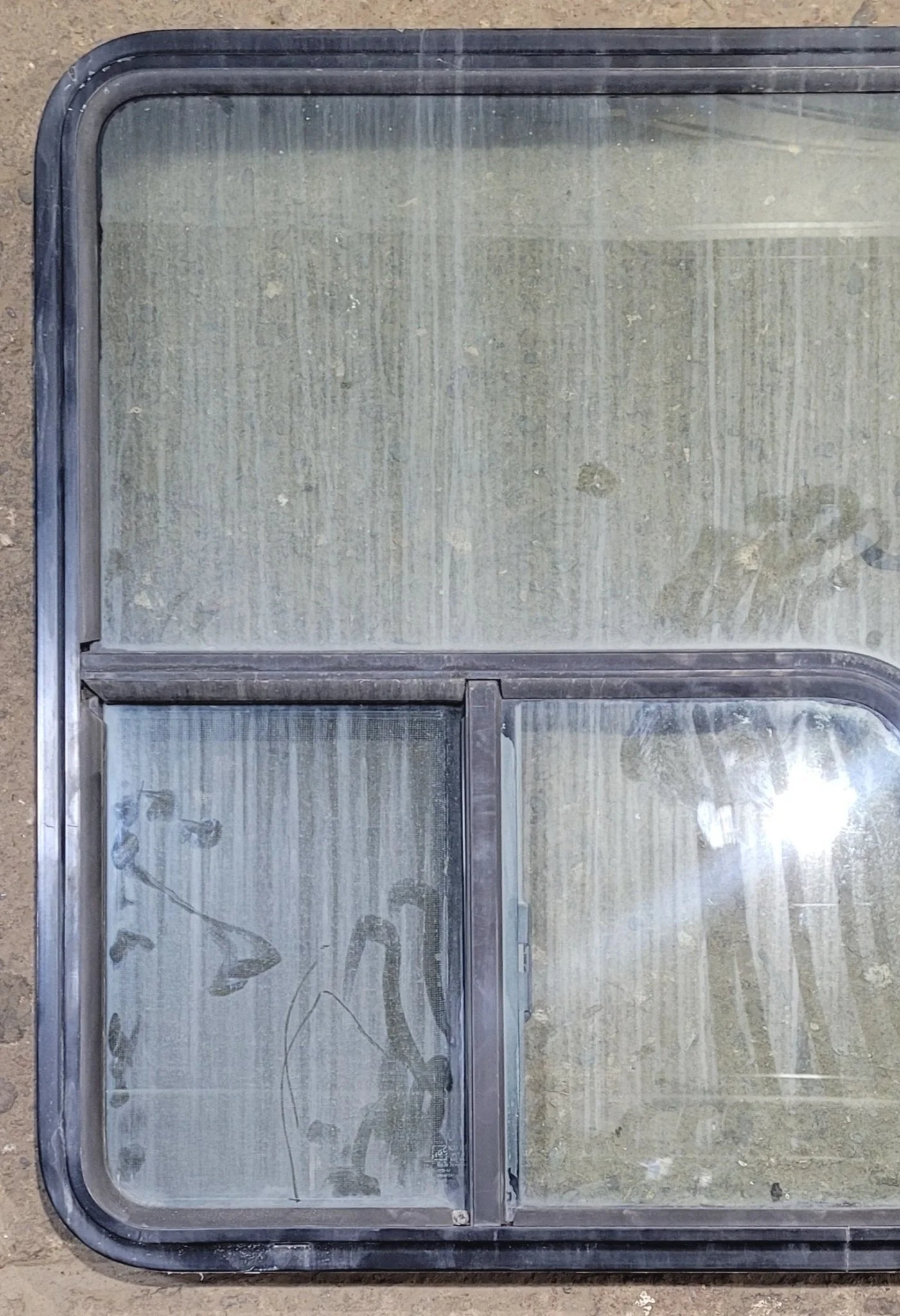 Used Slanted Black Radius Opening Window : 38 1/2" W x 30 1/4" H x 1 3/4" D - Motorhome Front Passenger Side - Image 2