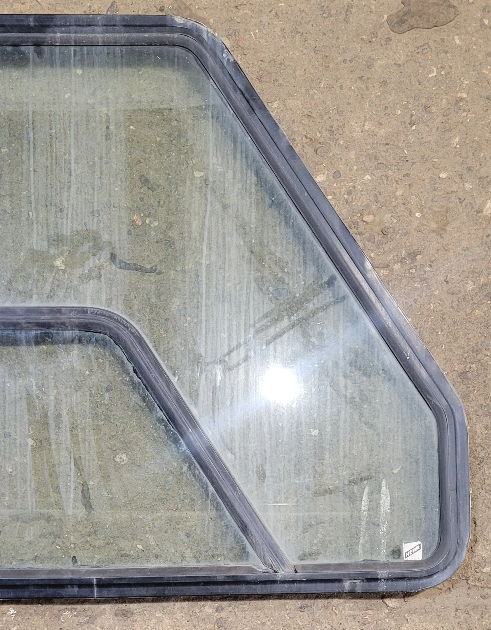 Used Slanted Black Radius Opening Window : 38 1/2" W x 30 1/4" H x 1 3/4" D - Motorhome Front Passenger Side - Image 3