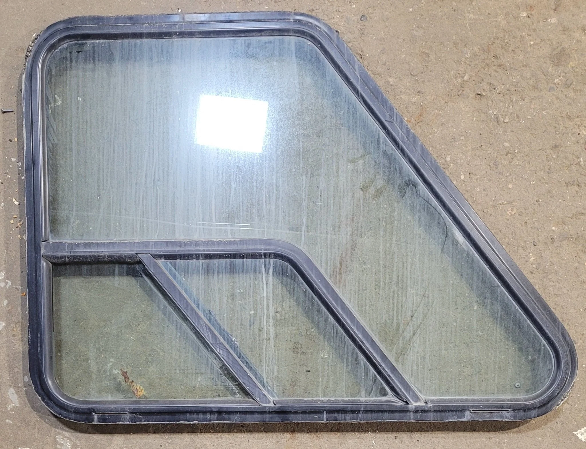 Used Slanted Black Radius Opening Window : 36 1/4" W x 26 3/4" H x 1 7/8" D - Motorhome Front Passenger Side