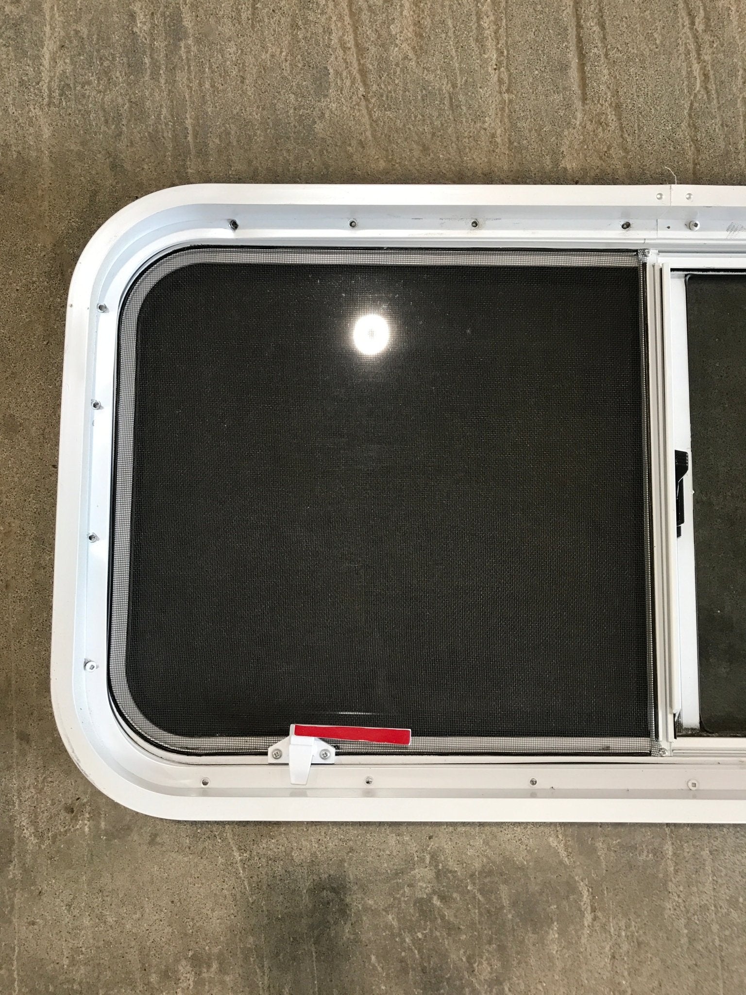 Used Slanted White Radius Emergency Opening Window : 42" W x 17 1/2" H x 2" D - Image 5