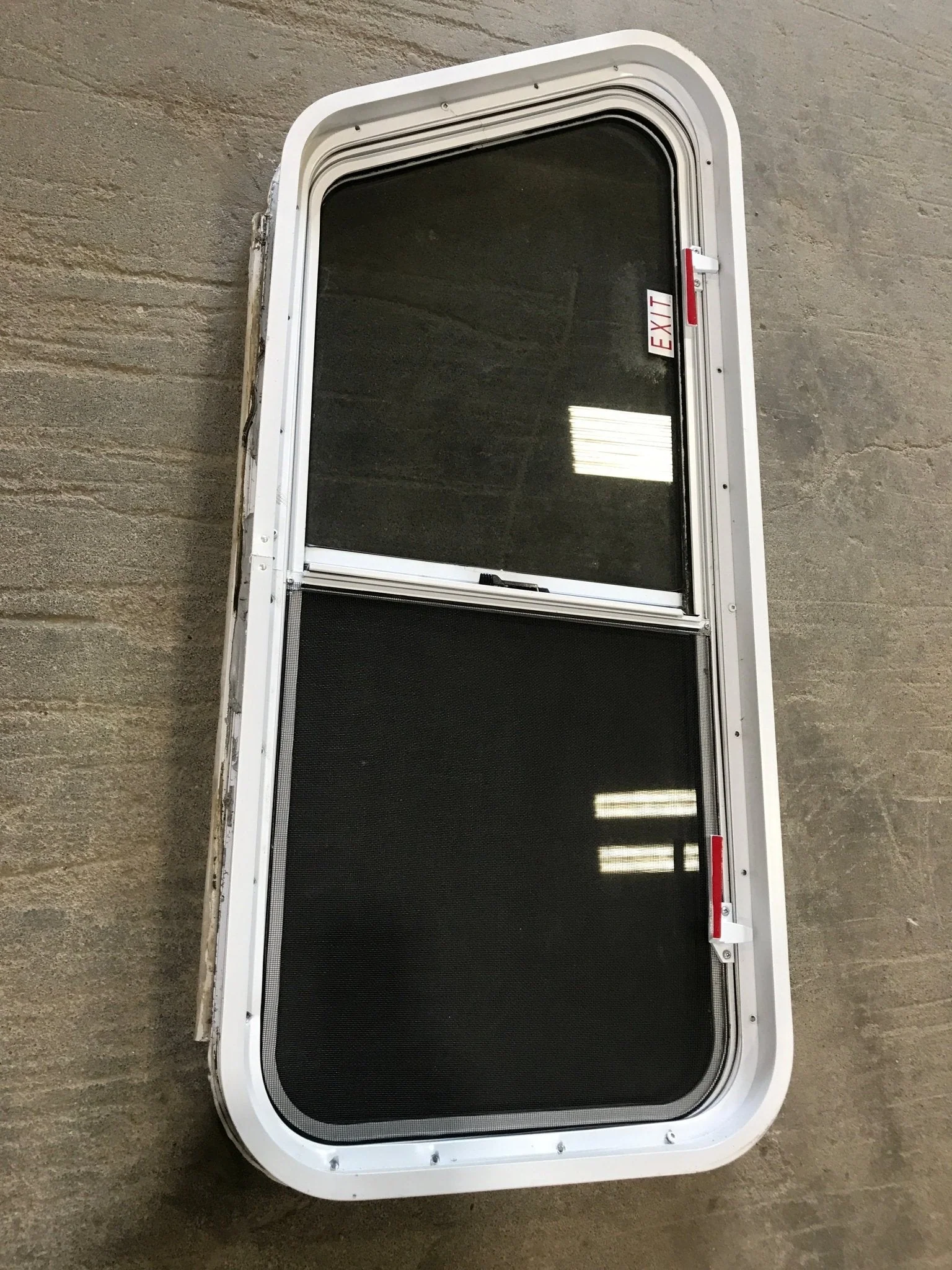 Used Slanted White Radius Emergency Opening Window : 42" W x 17 1/2" H x 2" D - Image 8