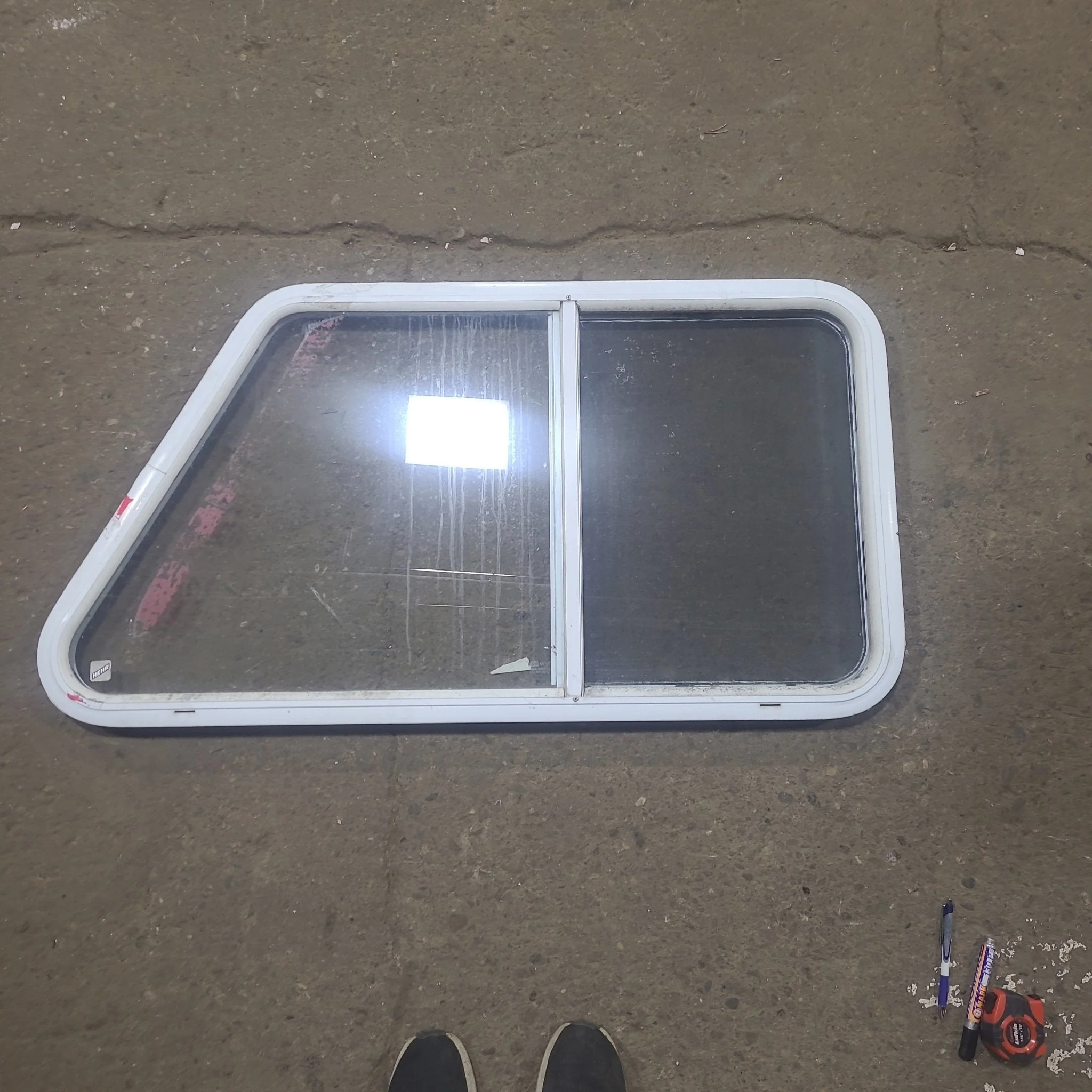 Used Slanted White Radius Opening Window : 40 1/2" W X 21 1/2" H X 1 1/4" D