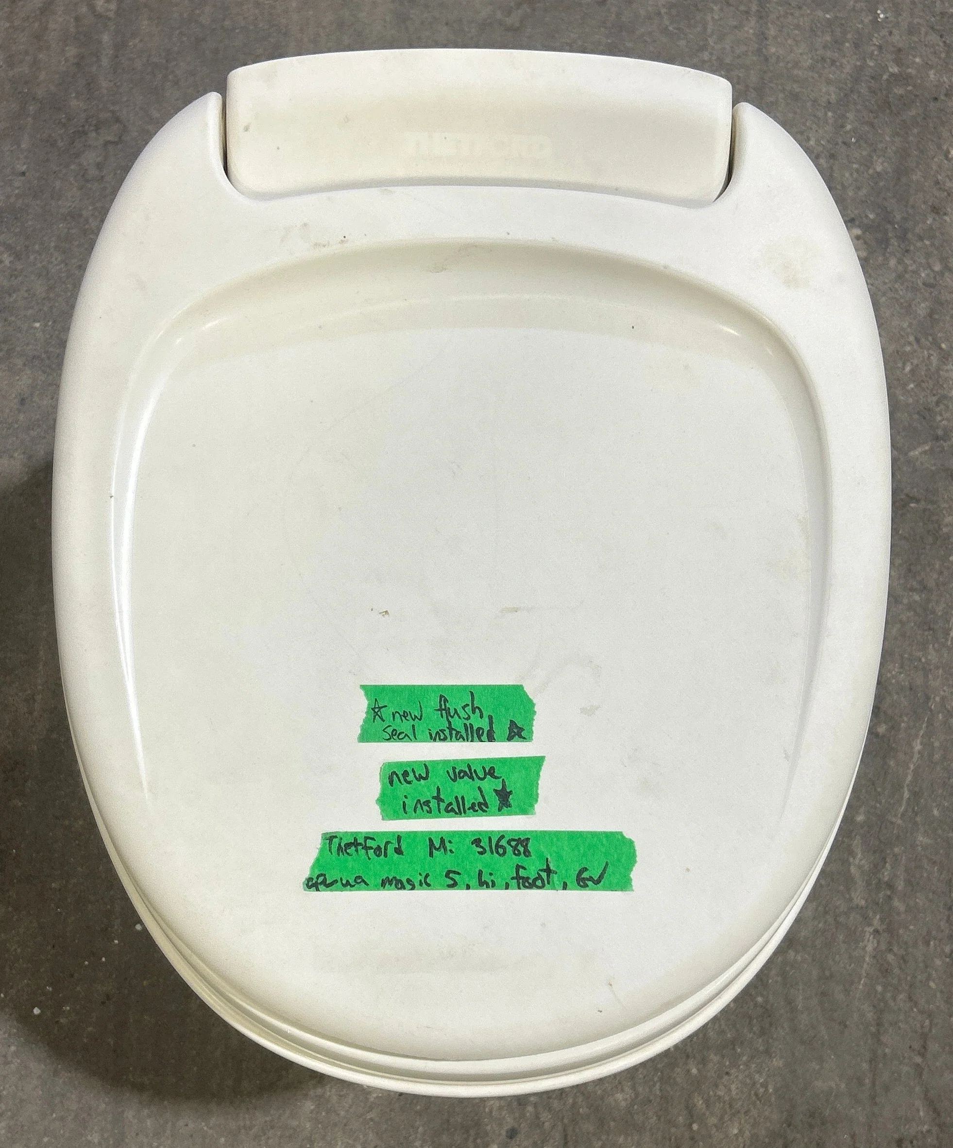 Used Toilet Thetford Toilet, High Profile, Foot Flush, Parchment - Aqua-Magic V , 31688