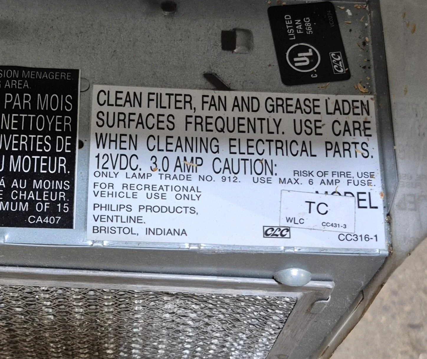 Used Ventline RV Range Hood Fan CC431-3 - Image 3