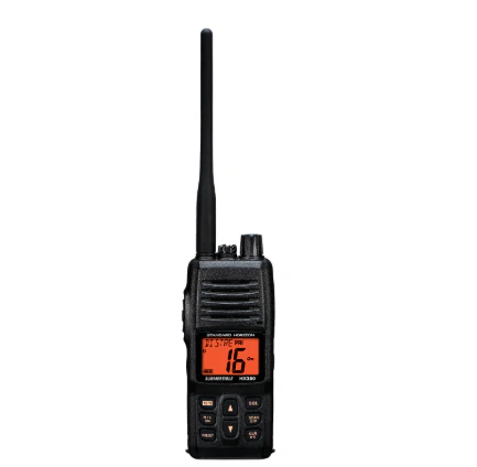 VHF Radio Standard Horizon HX380 HX380; Handheld; United States/ Canadian/ International Channels; 5 Watts; NOAA Weather Channels With Alert; Without GPS Capability; Oversized LCD Display; Black; Commercial Grade; Submersible IPX7 Waterproof Rating; 40 Pr